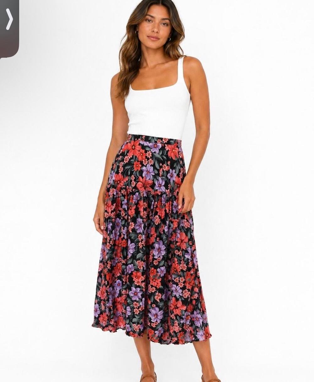 Floral Maxi Skirt High Waist Tiered Bohemian Cottagecore Flowy Summer Chic
